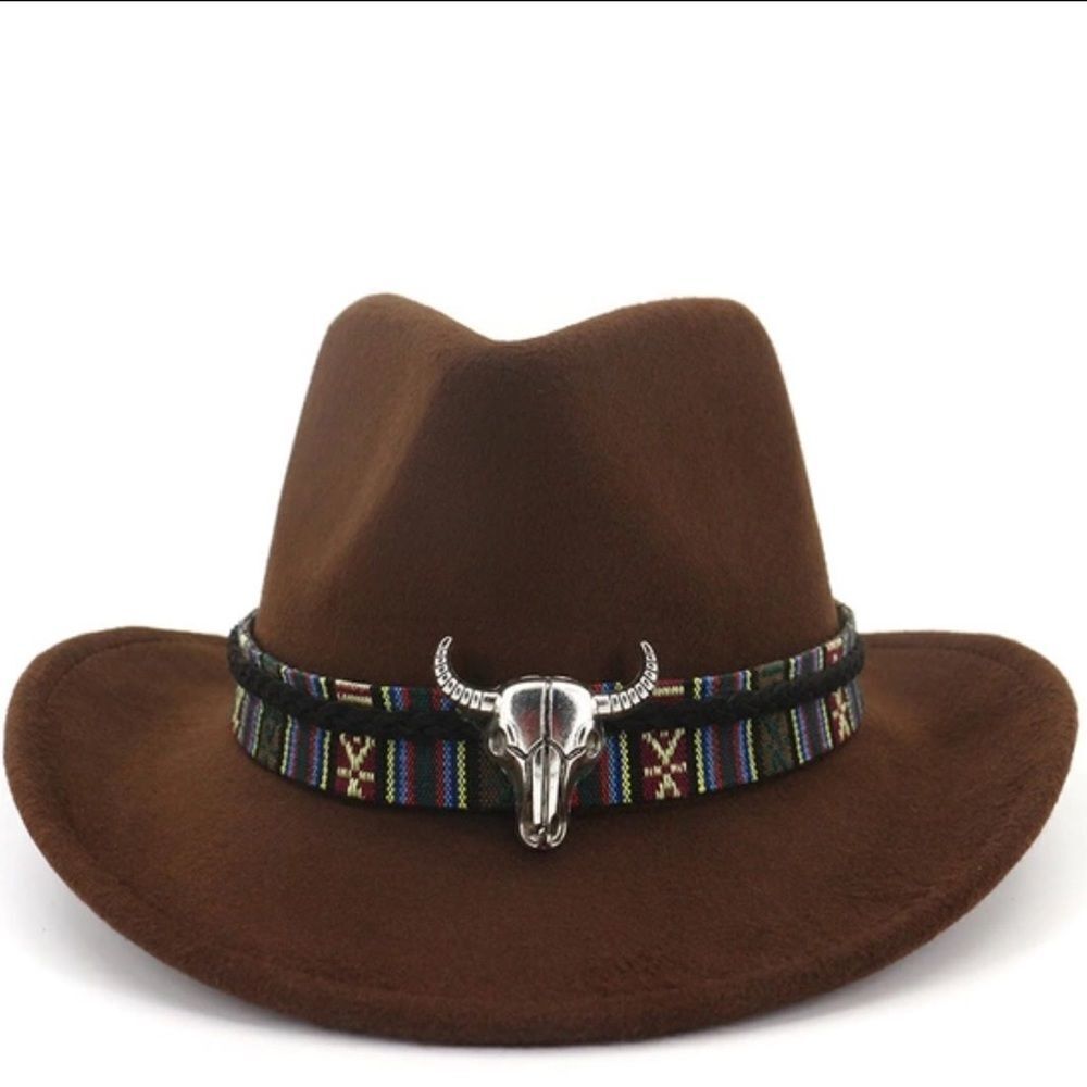 Brown Wide Brim Creased Crown Flat Stiff Brim Western Skull Band Fedora Hat